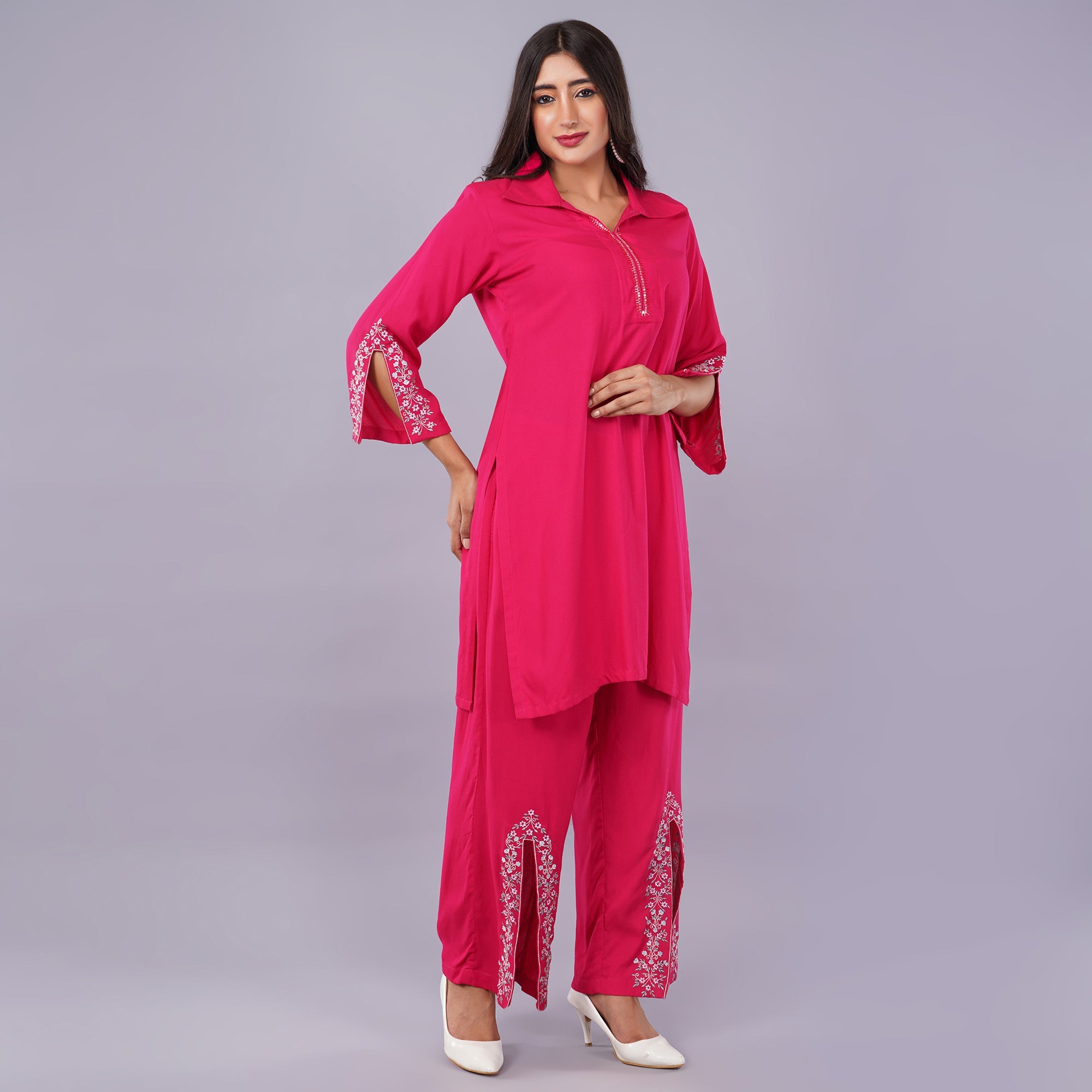 Rayon Pink Kurti Pant Set