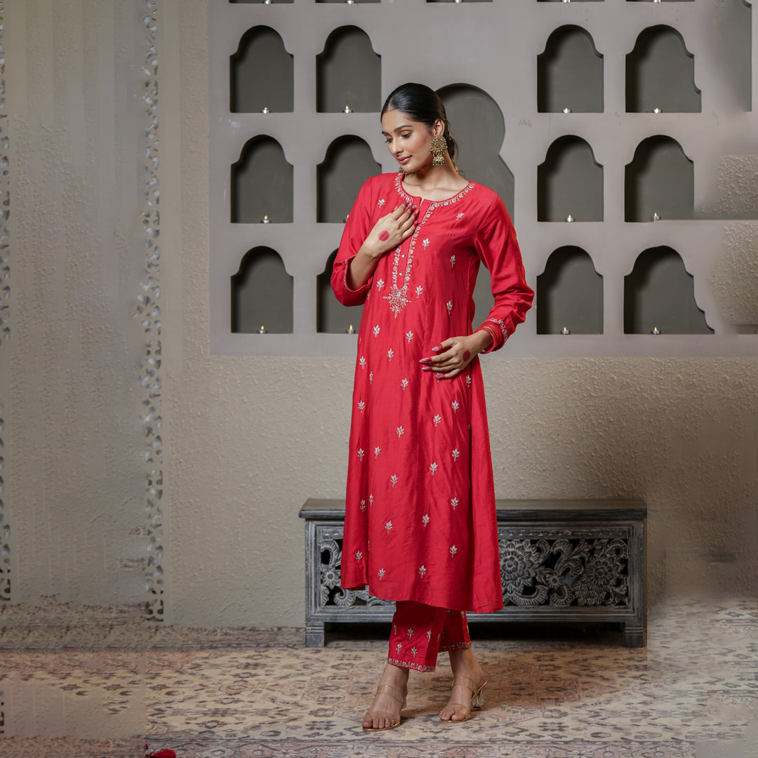 red chanderi suit