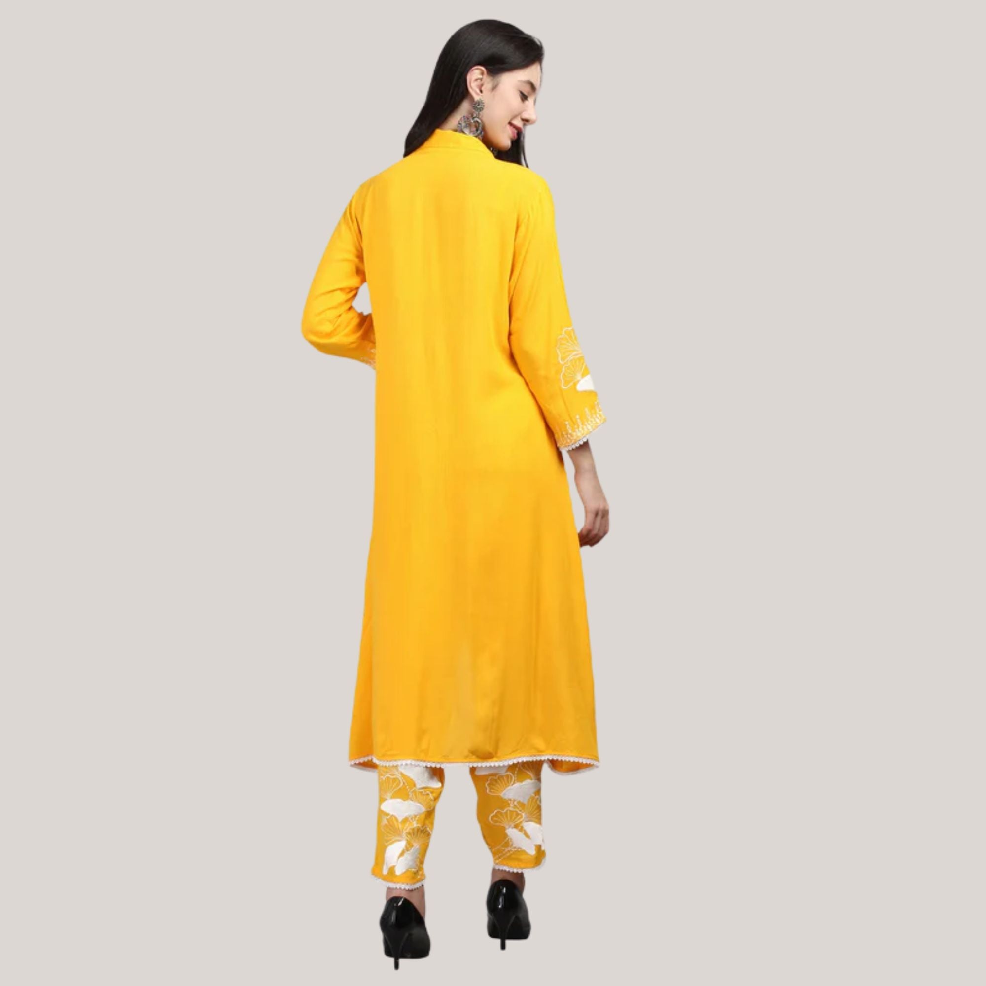 yellow embroidered kurti set