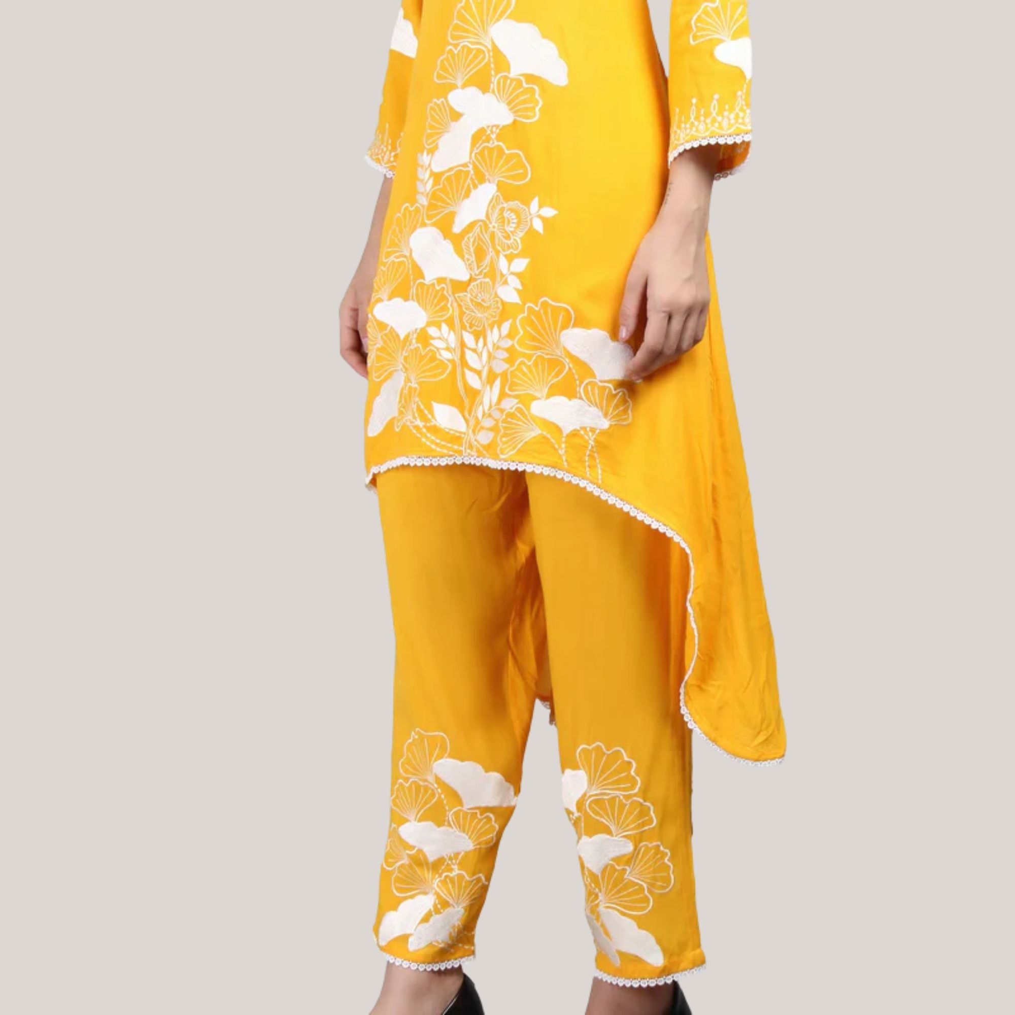 yellow embroidered kurti set