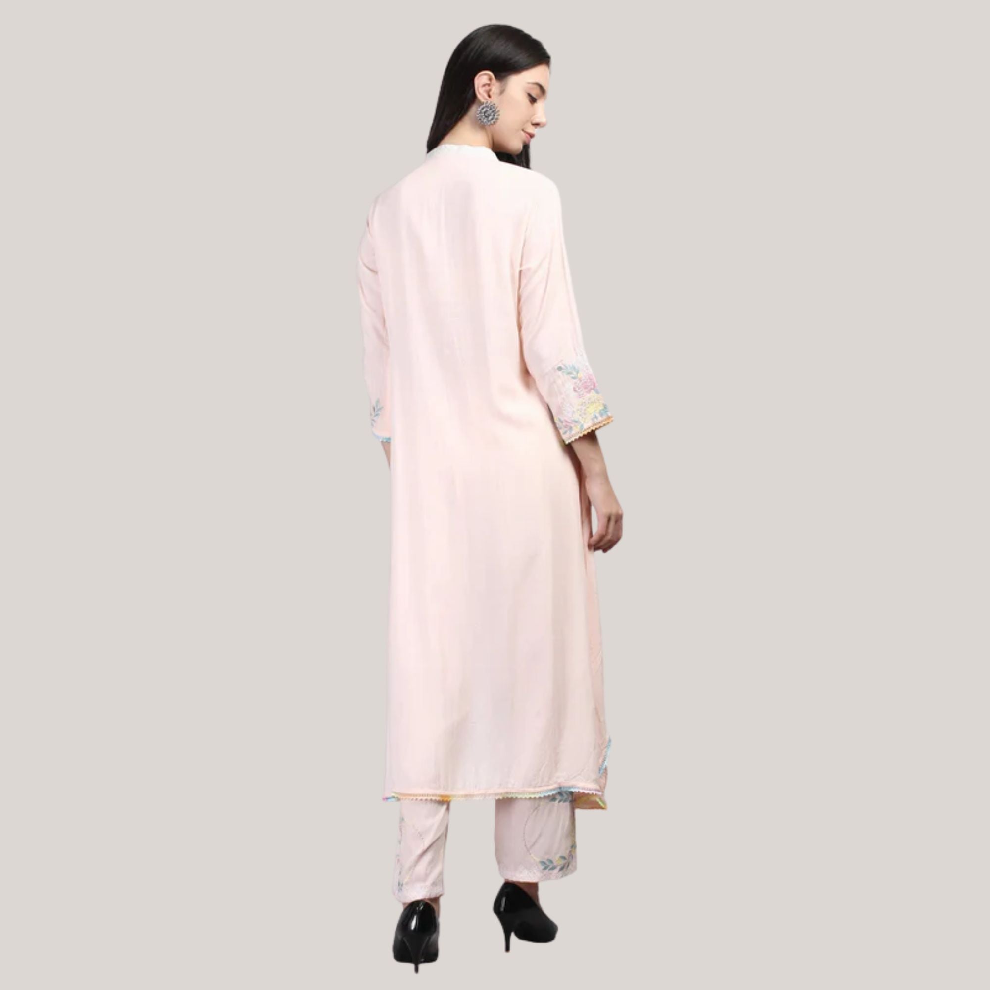 pink v-neck kurti set